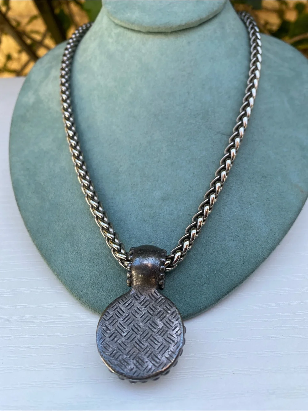 Vintage Iridescent Cabochon Pendant Silver Tone Statement Necklace